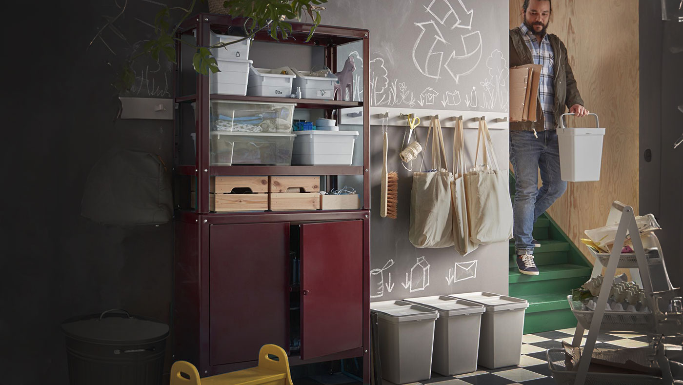 Several HÅLLBAR and KNODD waste sorting bins, plus SOCKERBIT storage boxes