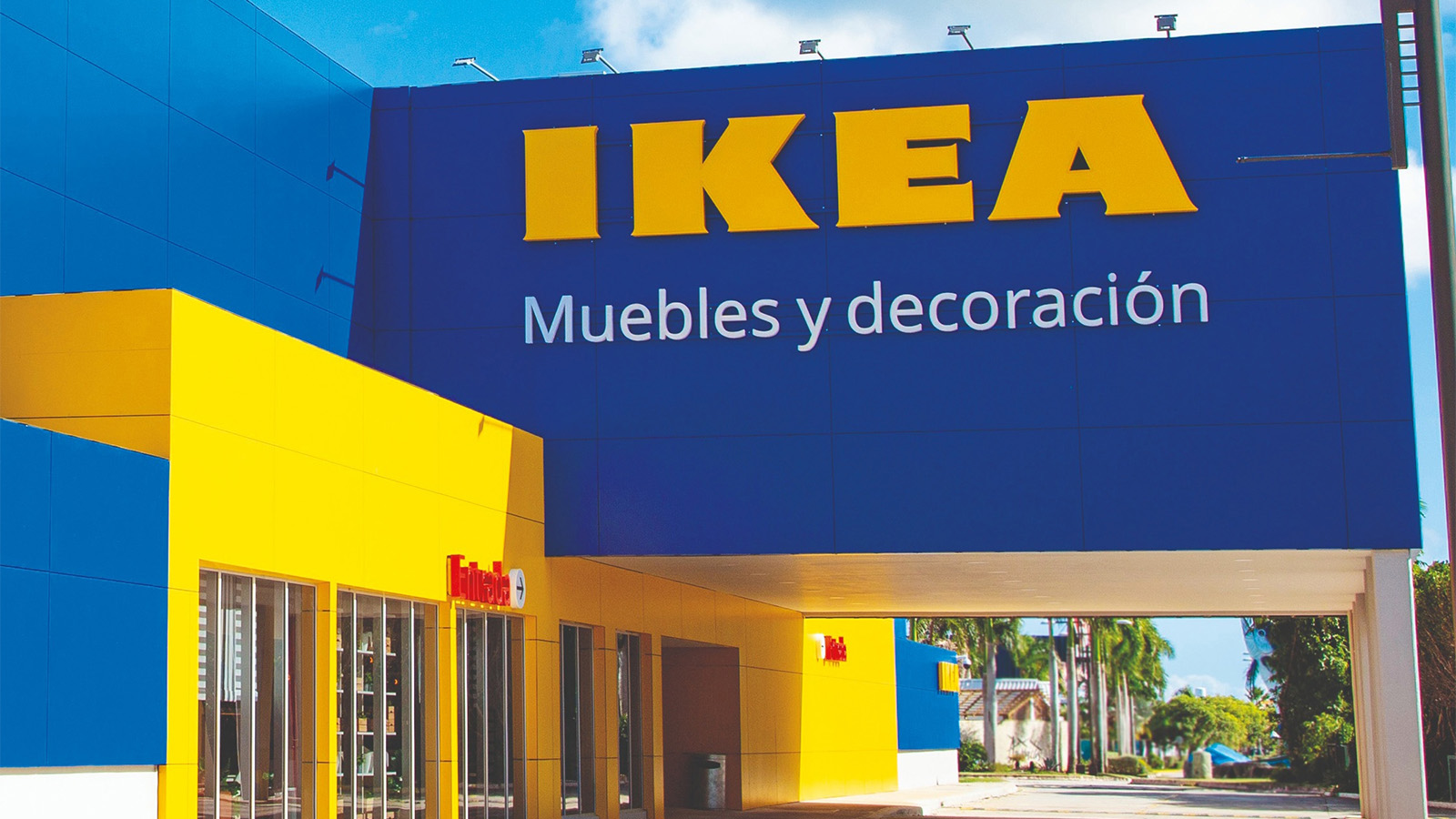 IKEA store facade with logo and home furnishings sign.